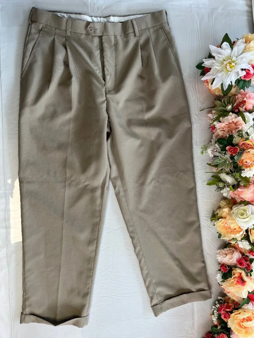 Bocaccio Uomo 100% Dacron Dress Pants Tan Flat Front Cuffed Hem Men’s 36x30